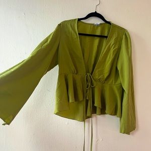 Green Tie Flare Sleeve Top